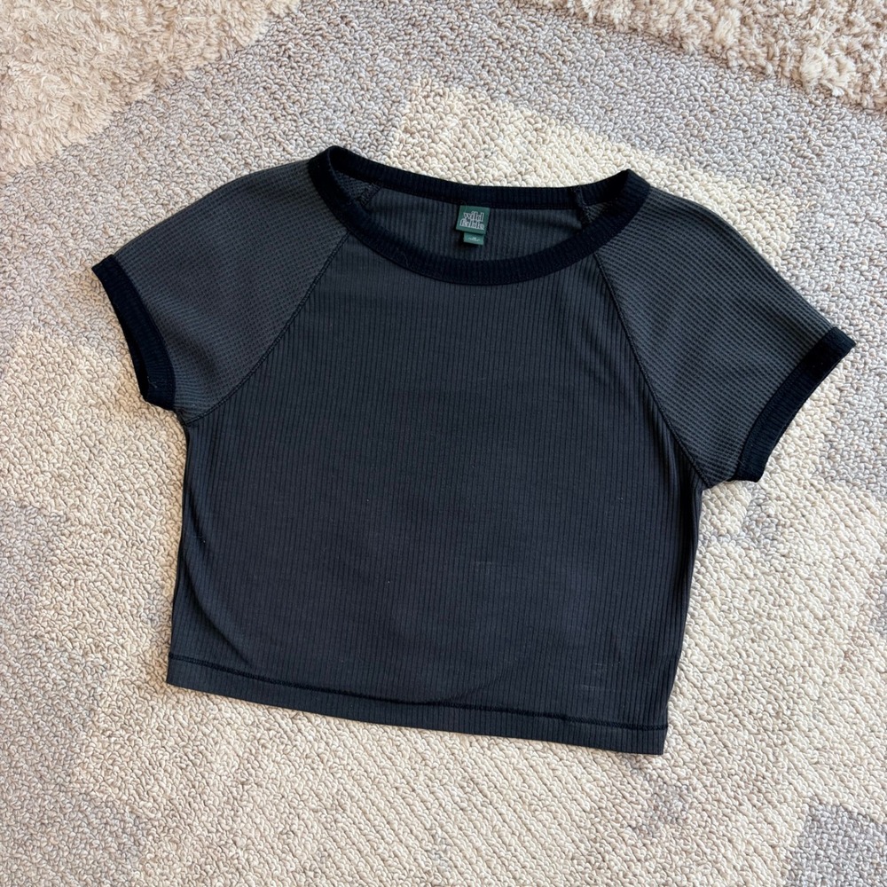 Wild Fable Womens Charcoal Grey Ribbed Waffle Knit Raglan Crop Top XS